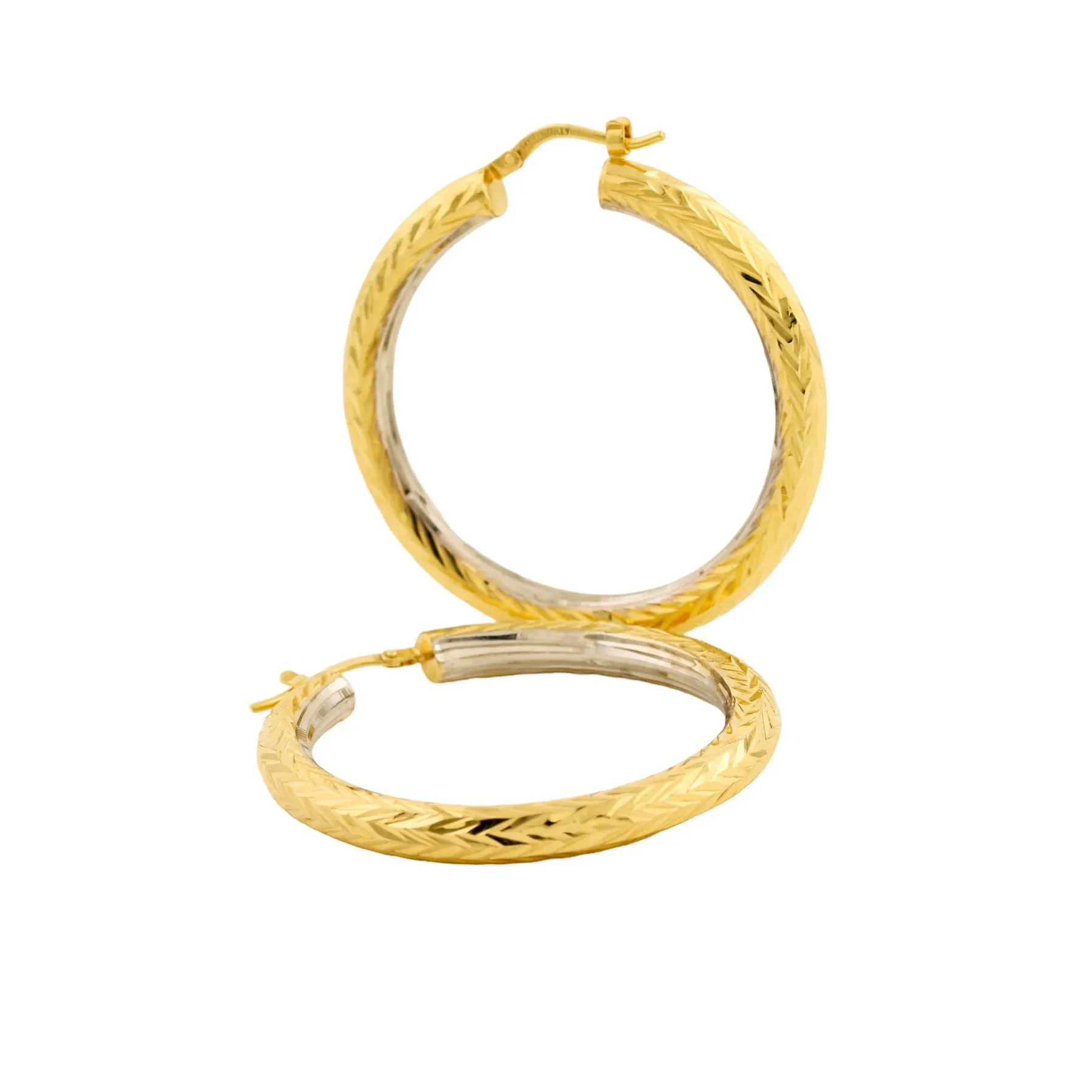 14k Two-Tone Gold x 4mm Chevron Textured Hoop