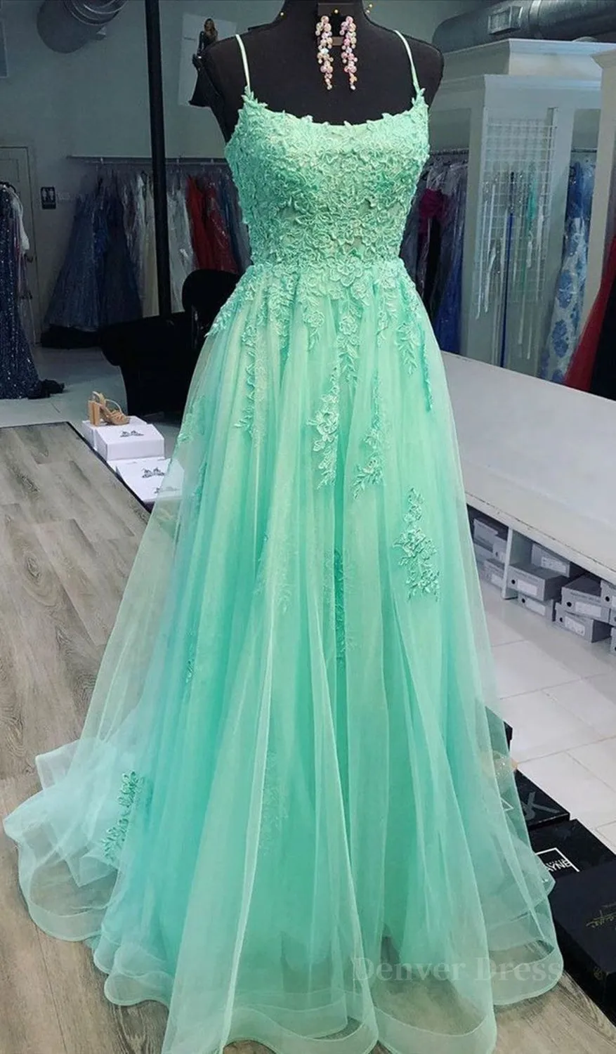 A Line Mint Green Lace Long Prom Dresses Mint Green Lace Formal Graduation Evening Dresses