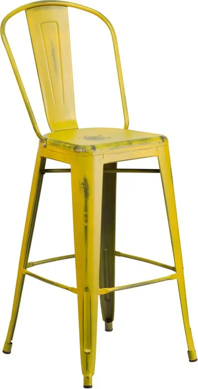 Butter Yelllow Antique Weathered Tolix Bar Stool High Back Large Seat