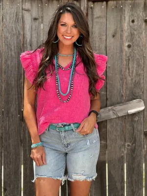 Cindi Pink Mineral Washed Ruffle Blouse