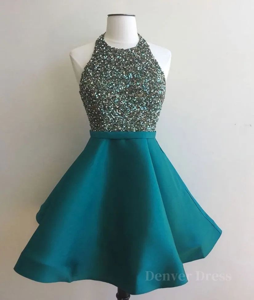 Cute Round Neck Sequin Backless Green Short Prom Dresses Green Homecoming Dresses