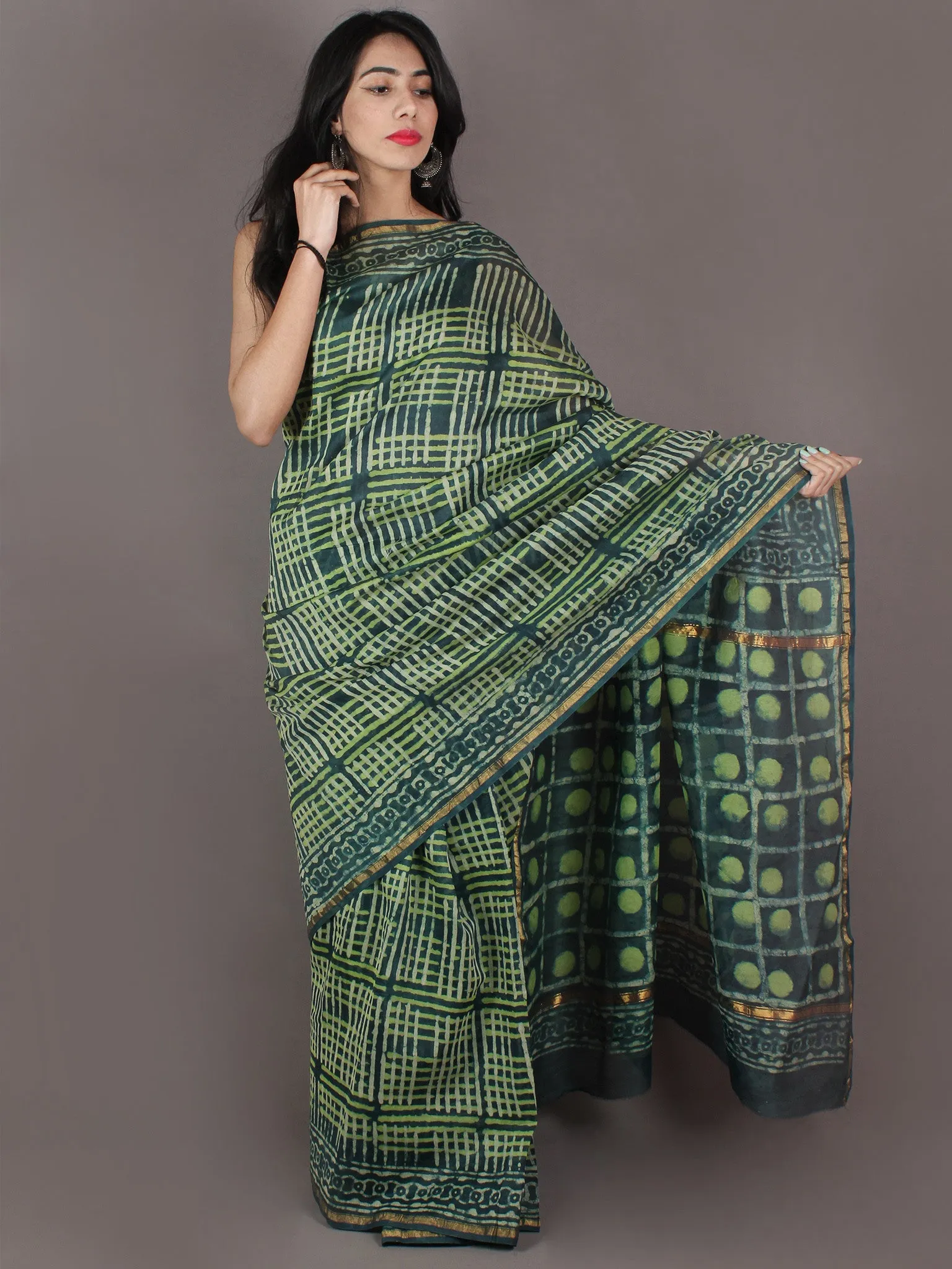 Dark & Mint Green Ivory Hand Block Printed in Natural Colors Chanderi Saree - S03170991