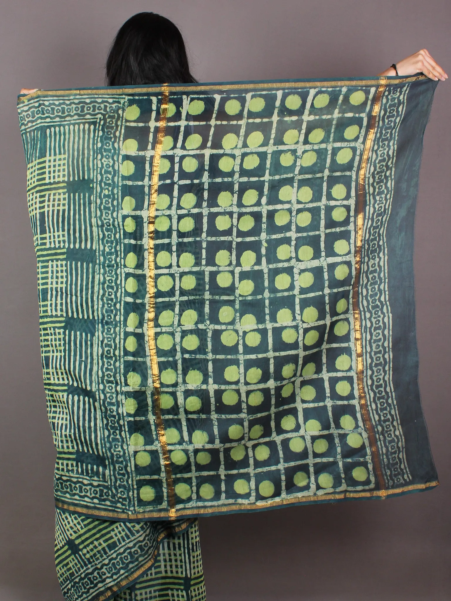 Dark & Mint Green Ivory Hand Block Printed in Natural Colors Chanderi Saree - S03170991
