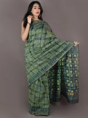 Dark & Mint Green Ivory Hand Block Printed in Natural Colors Chanderi Saree - S03170991