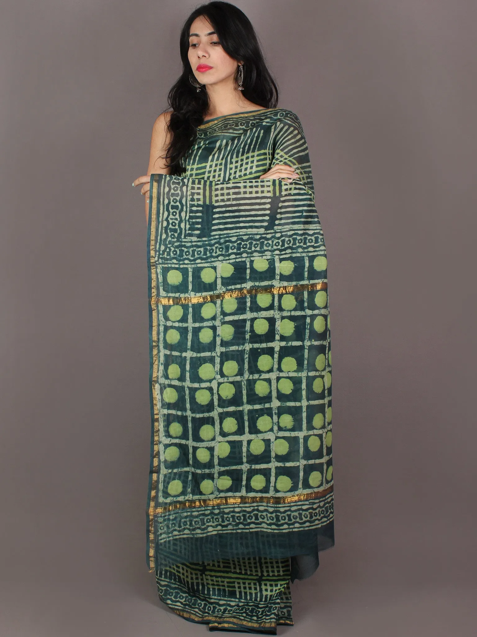 Dark & Mint Green Ivory Hand Block Printed in Natural Colors Chanderi Saree - S03170991