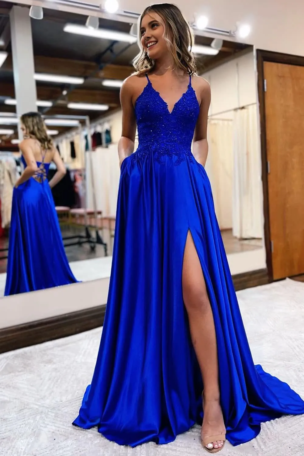 Dark Green Satin A-Line Appliques Prom Dress with Slit Formal Evening Dresses