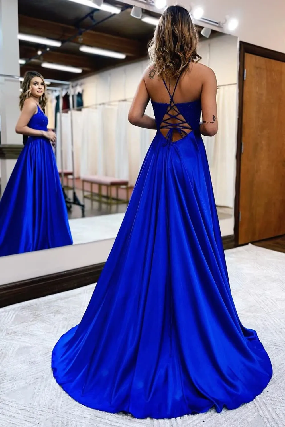 Dark Green Satin A-Line Appliques Prom Dress with Slit Formal Evening Dresses