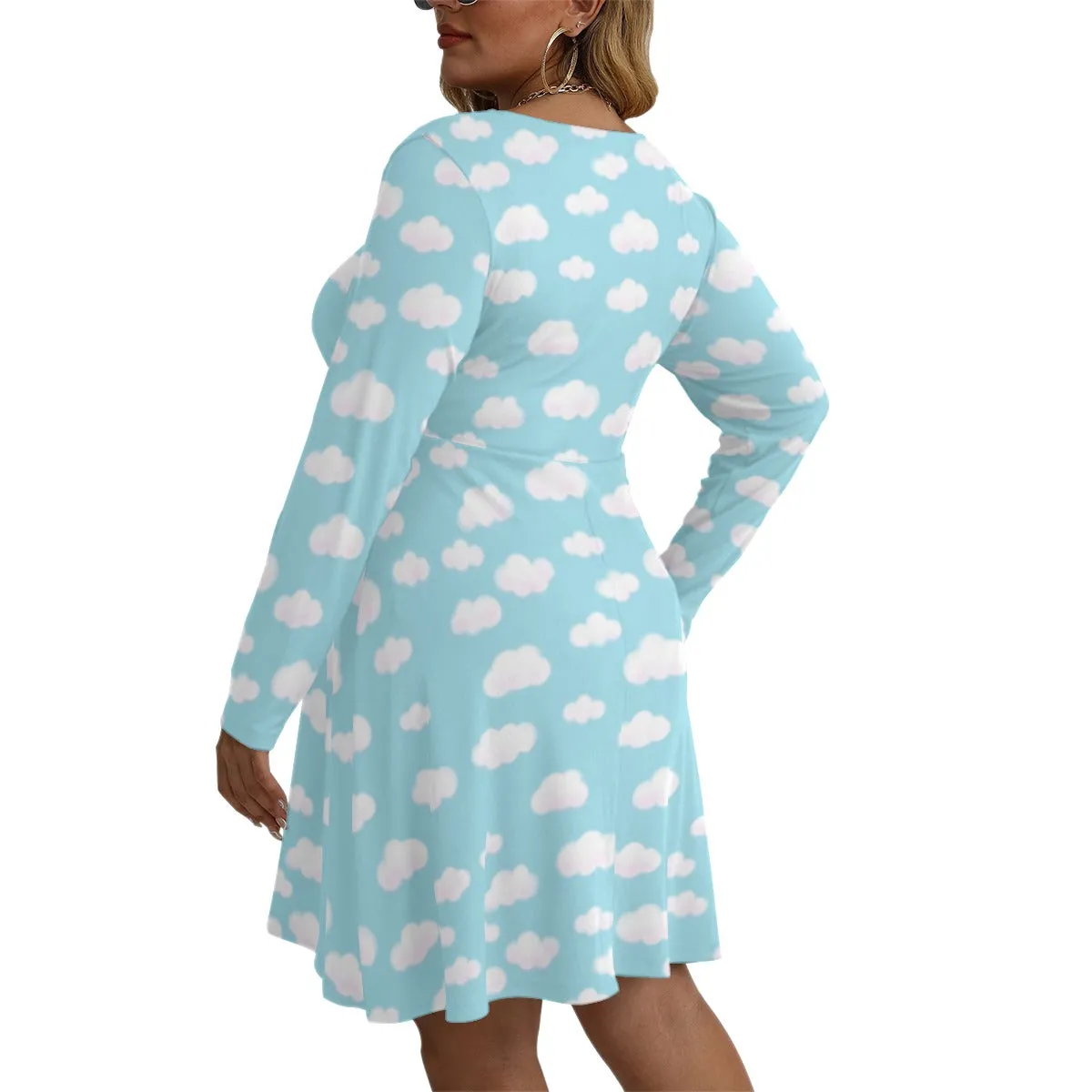 Dreamy Clouds (Sky Blue) Women's V-Neck Long Sleeve Dress (Plus Size)
