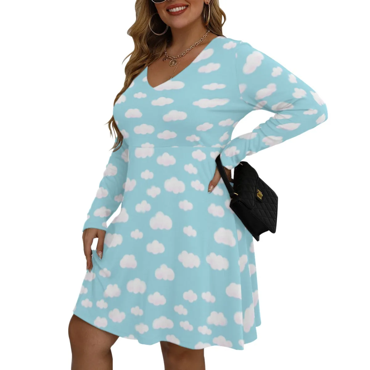 Dreamy Clouds (Sky Blue) Women's V-Neck Long Sleeve Dress (Plus Size)