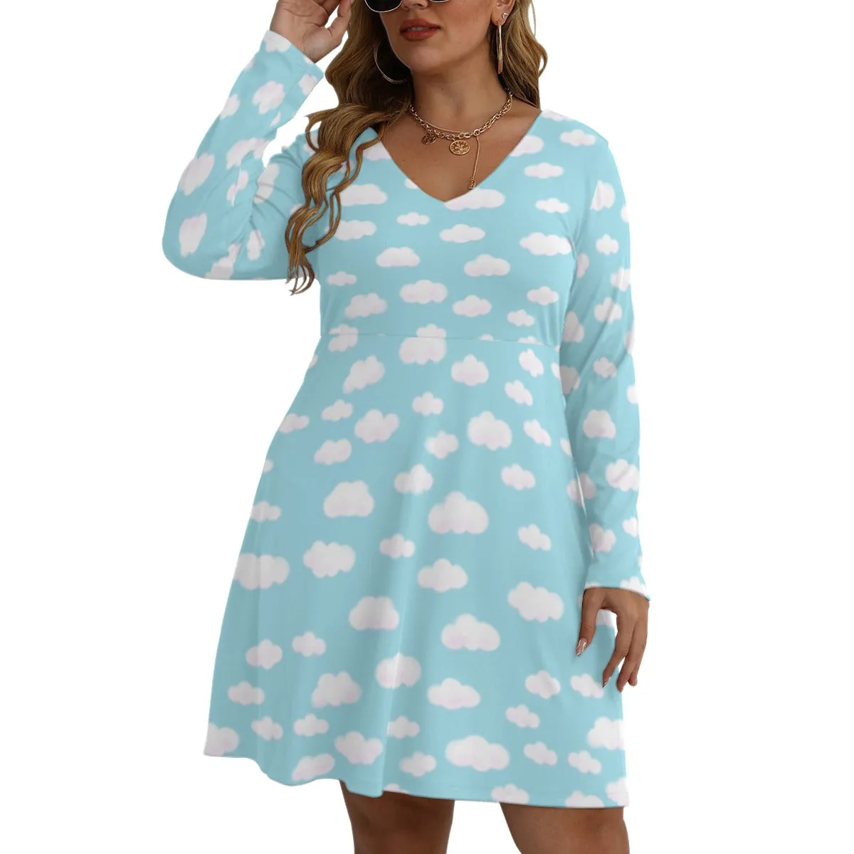 Dreamy Clouds (Sky Blue) Women's V-Neck Long Sleeve Dress (Plus Size)