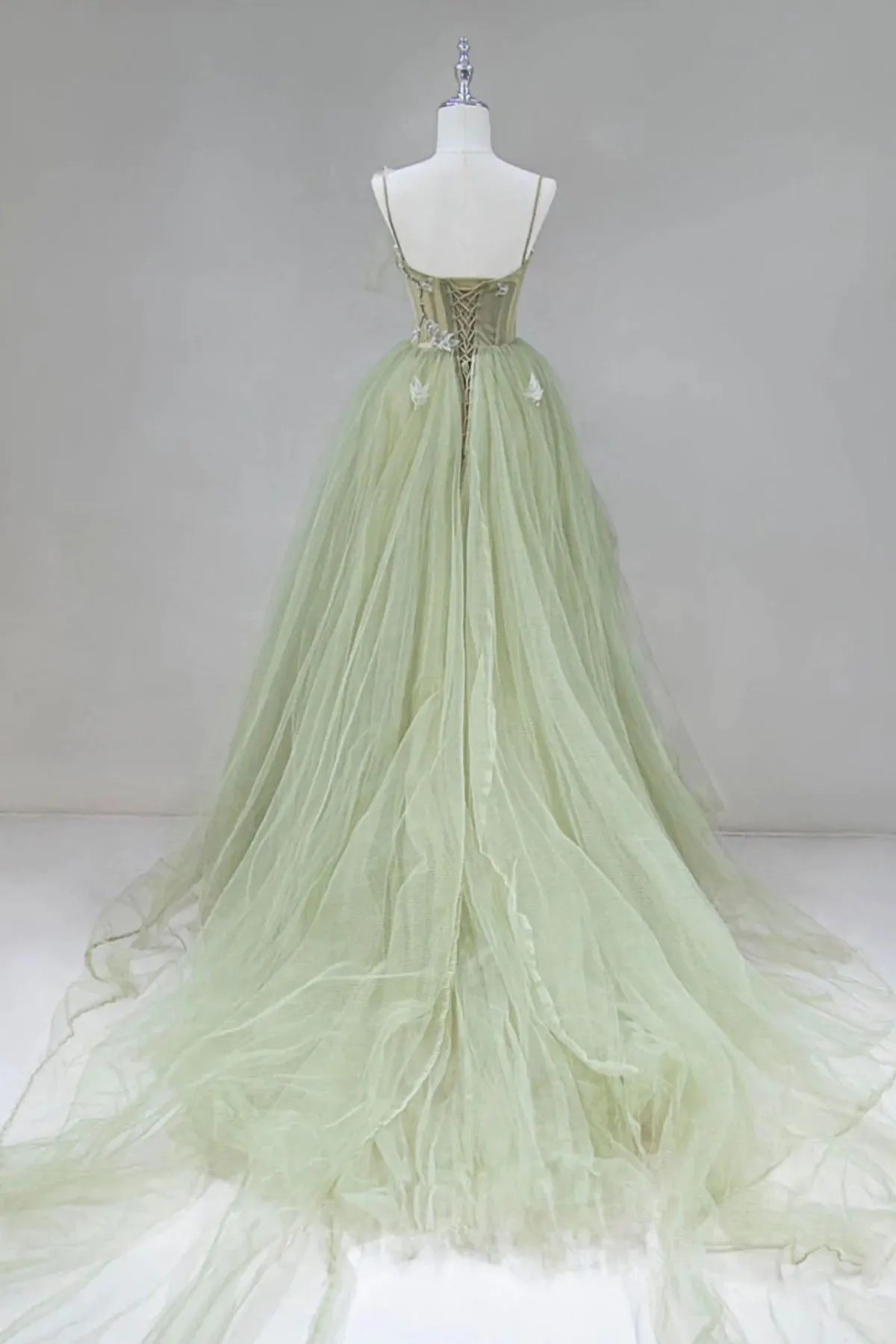 Elegant A Line Open Back Green Tulle Long Prom Dresses, Green Formal Graduation Evening Dresses