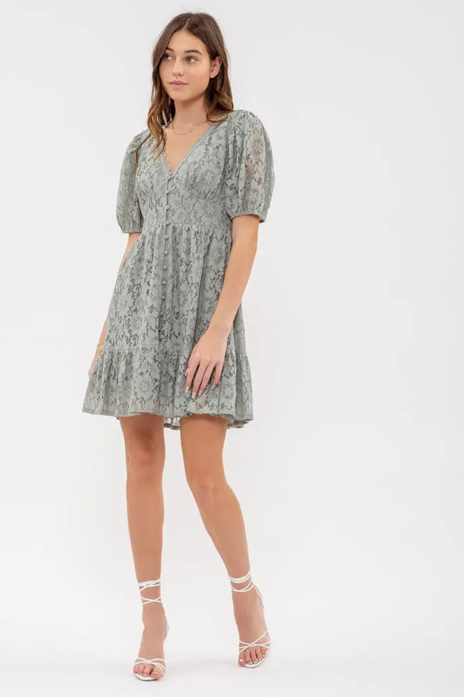Floral Lace Button Front Mini Dress in Lt. Sage by Blu Pepper