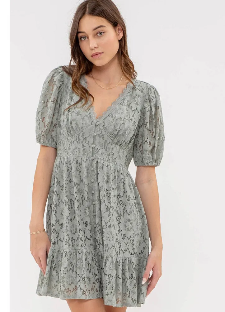 Floral Lace Button Front Mini Dress in Lt. Sage by Blu Pepper