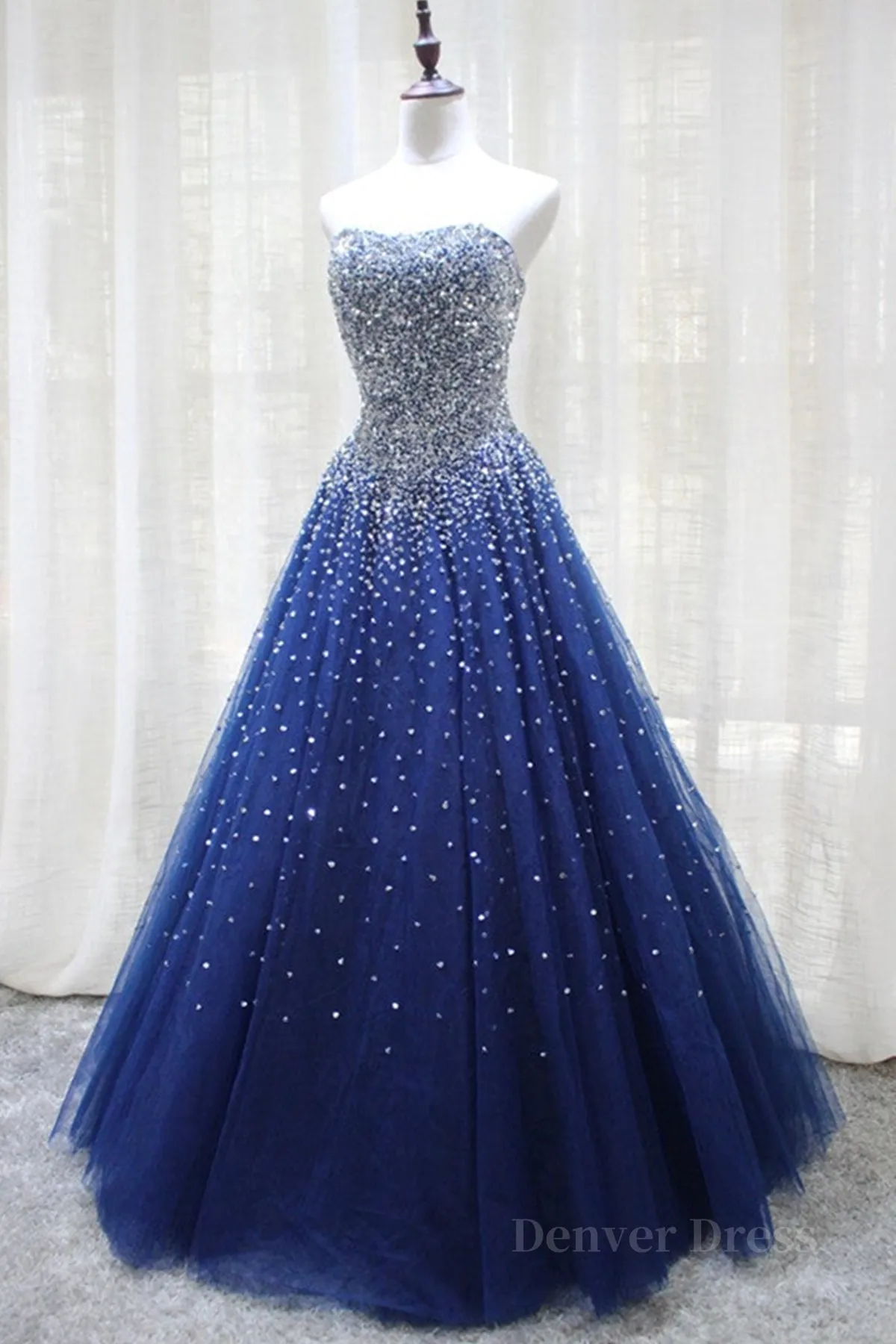 Gorgeous Strapless Blue Tulle Beaded Long Prom Dresses Beaded Blue Formal Evening Dresses Beaded Ball Gown