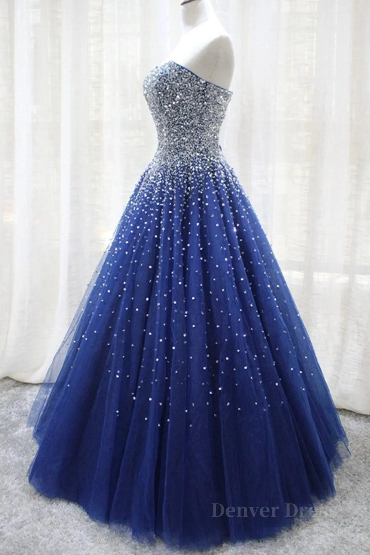 Gorgeous Strapless Blue Tulle Beaded Long Prom Dresses Beaded Blue Formal Evening Dresses Beaded Ball Gown