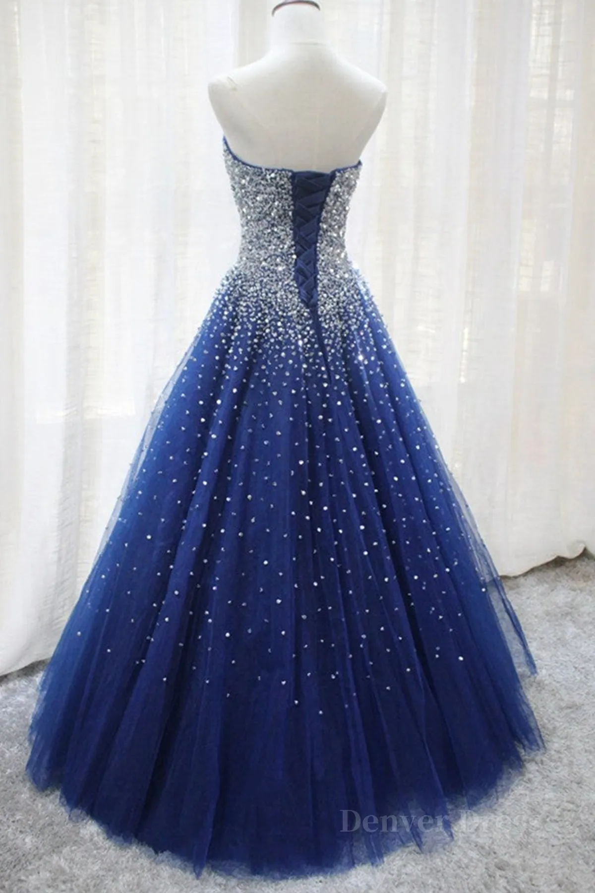 Gorgeous Strapless Blue Tulle Beaded Long Prom Dresses Beaded Blue Formal Evening Dresses Beaded Ball Gown