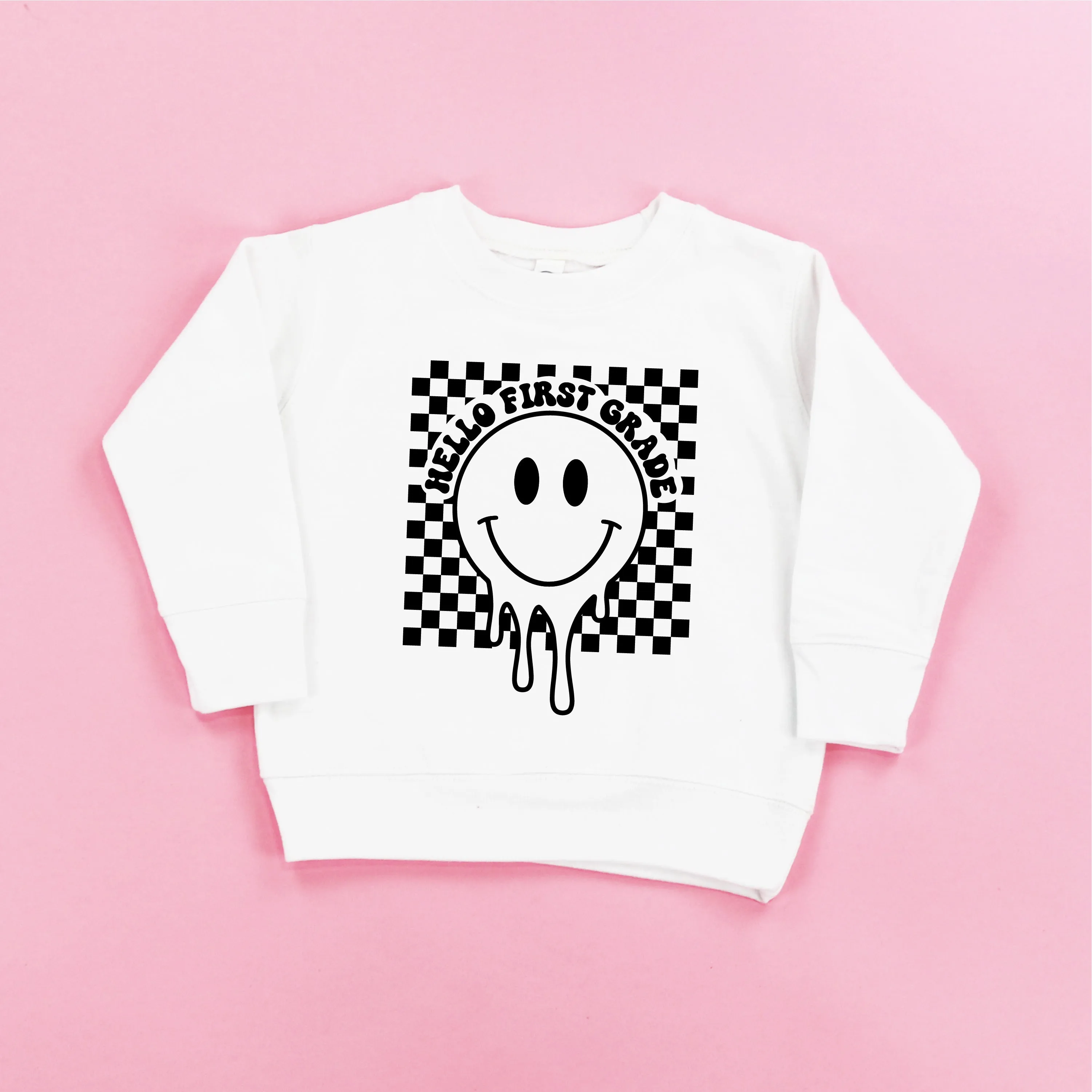 Hello First Grade - Checker Smiley - Child Sweater