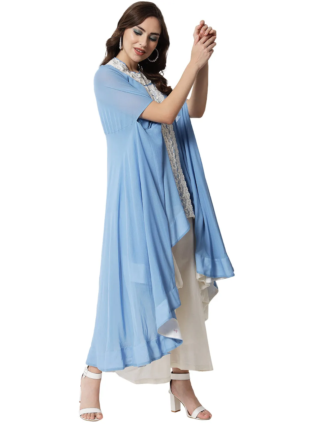 JAHANARA SOFT BLUE LACY ANTIFIT KURTA WITH DHOTI
