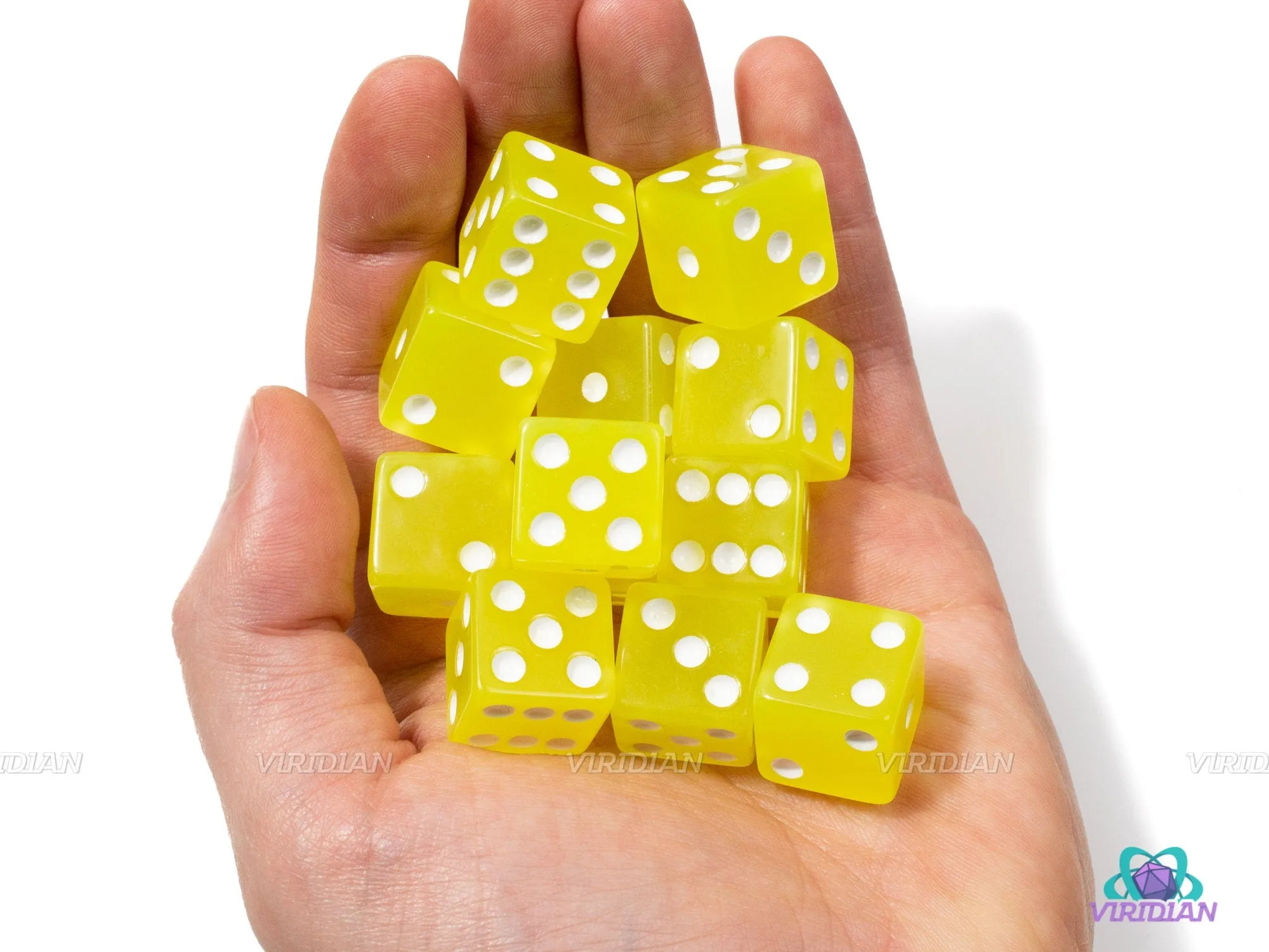 Lemon Glow In The Dark | (12) 16mm Acrylic Yellow Pipped D6 Dice