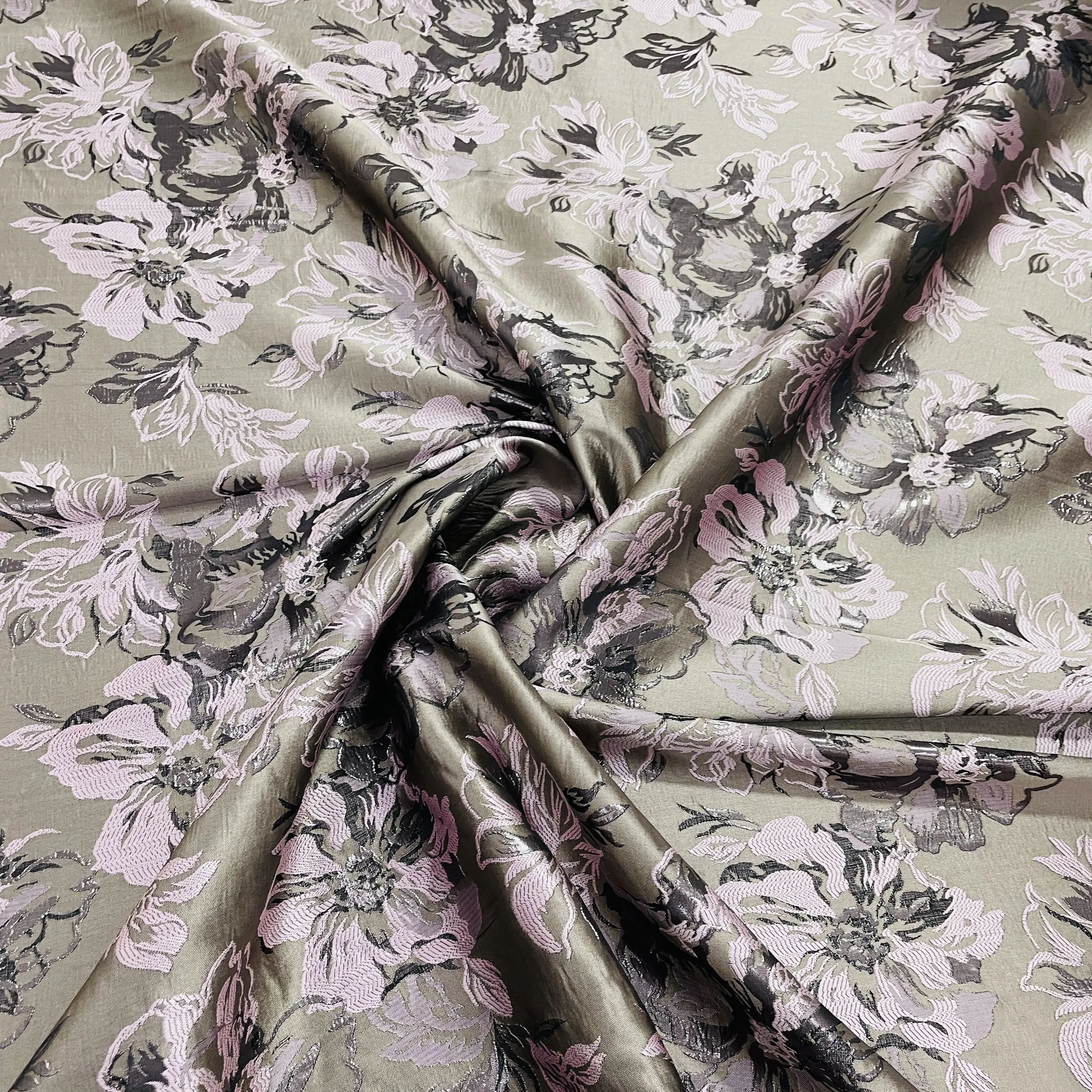 Light Brown Pink Floral Brocade Jacquard Fabric