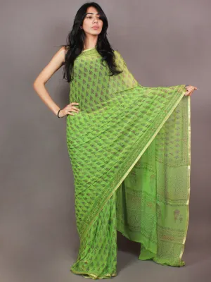 Mint Green Hand Block Printed in Natural Colors Chiffon Saree - S03170851