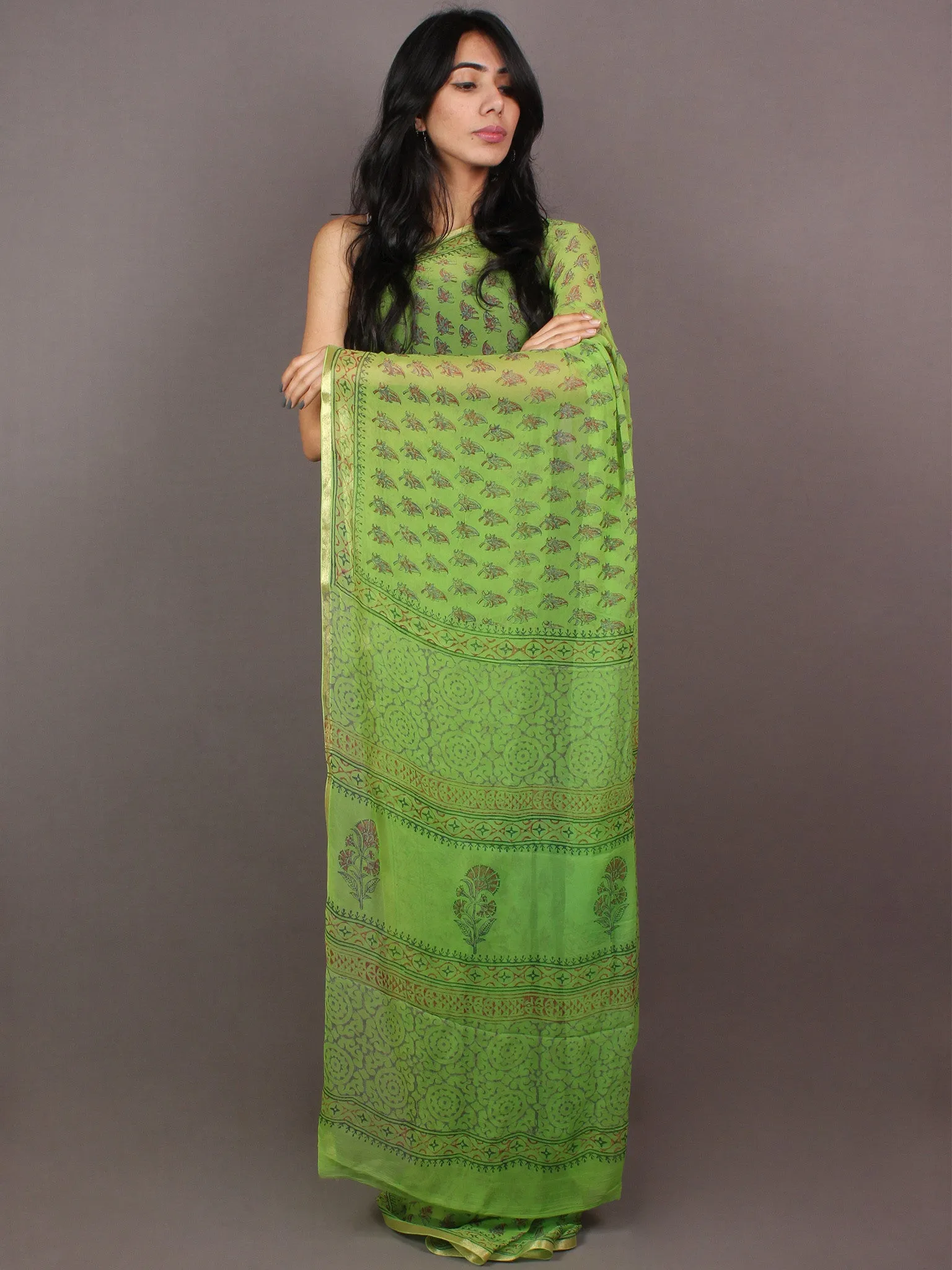 Mint Green Hand Block Printed in Natural Colors Chiffon Saree - S03170851