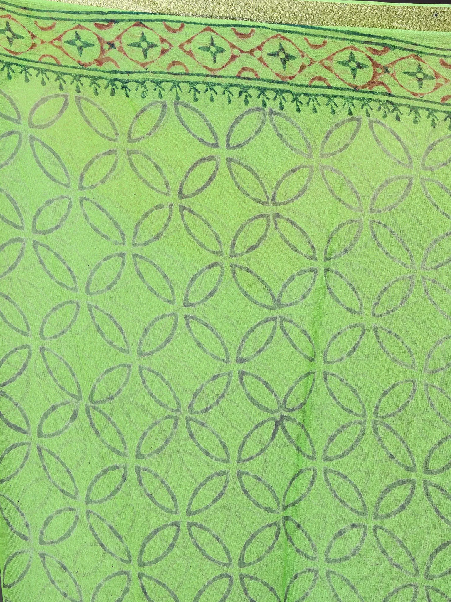 Mint Green Hand Block Printed in Natural Colors Chiffon Saree - S03170851