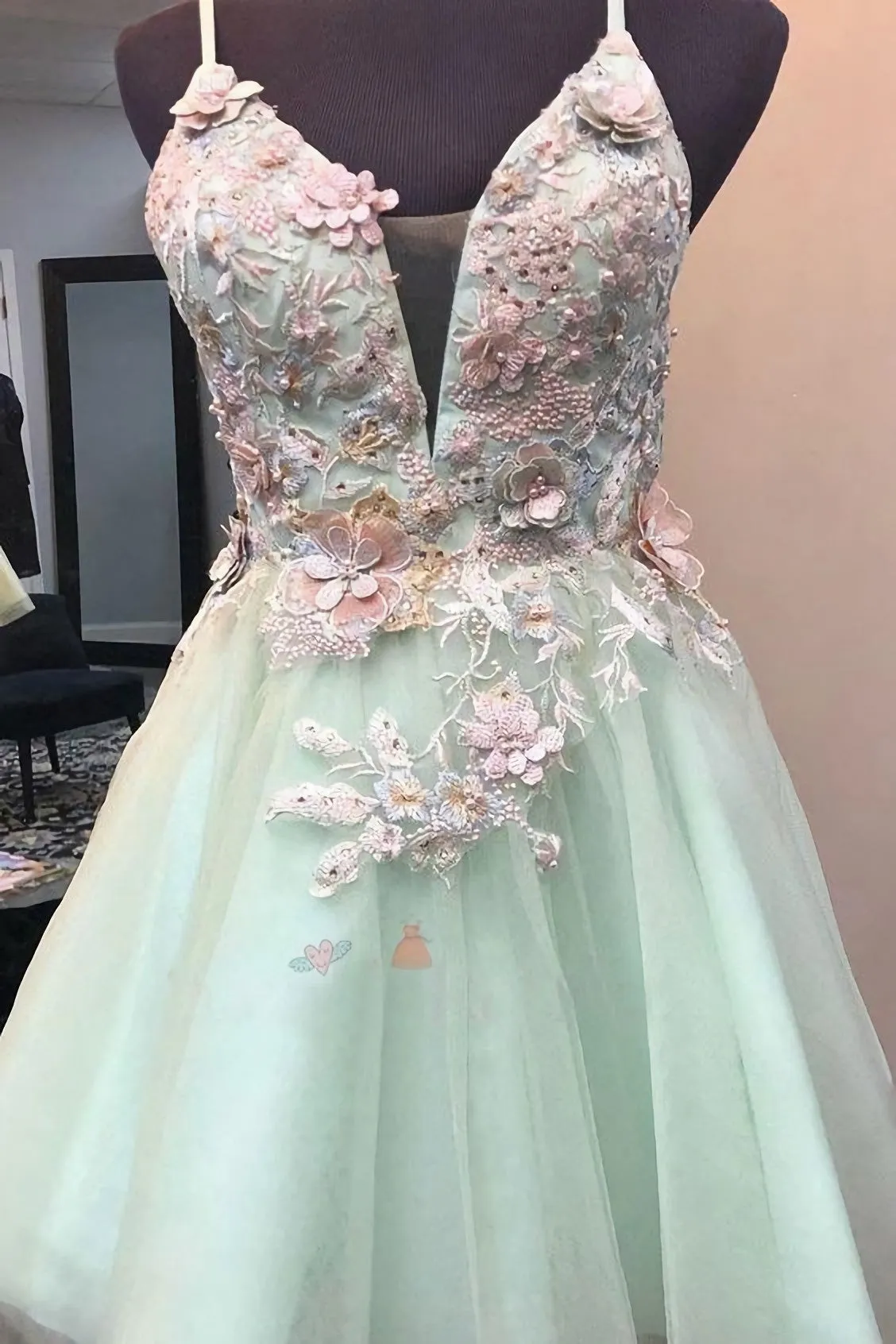 Mint Green Short Homecoming Dress With Flowers Mini Tulle Graduation Dress With Pearls