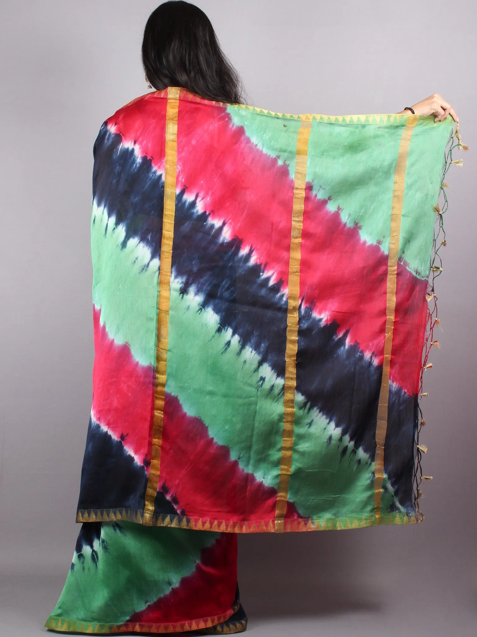 Multi Color Mint Green Marvel Hand Shibori Dyed in Natural Colors Chanderi Saree with Geecha Border - S03170136