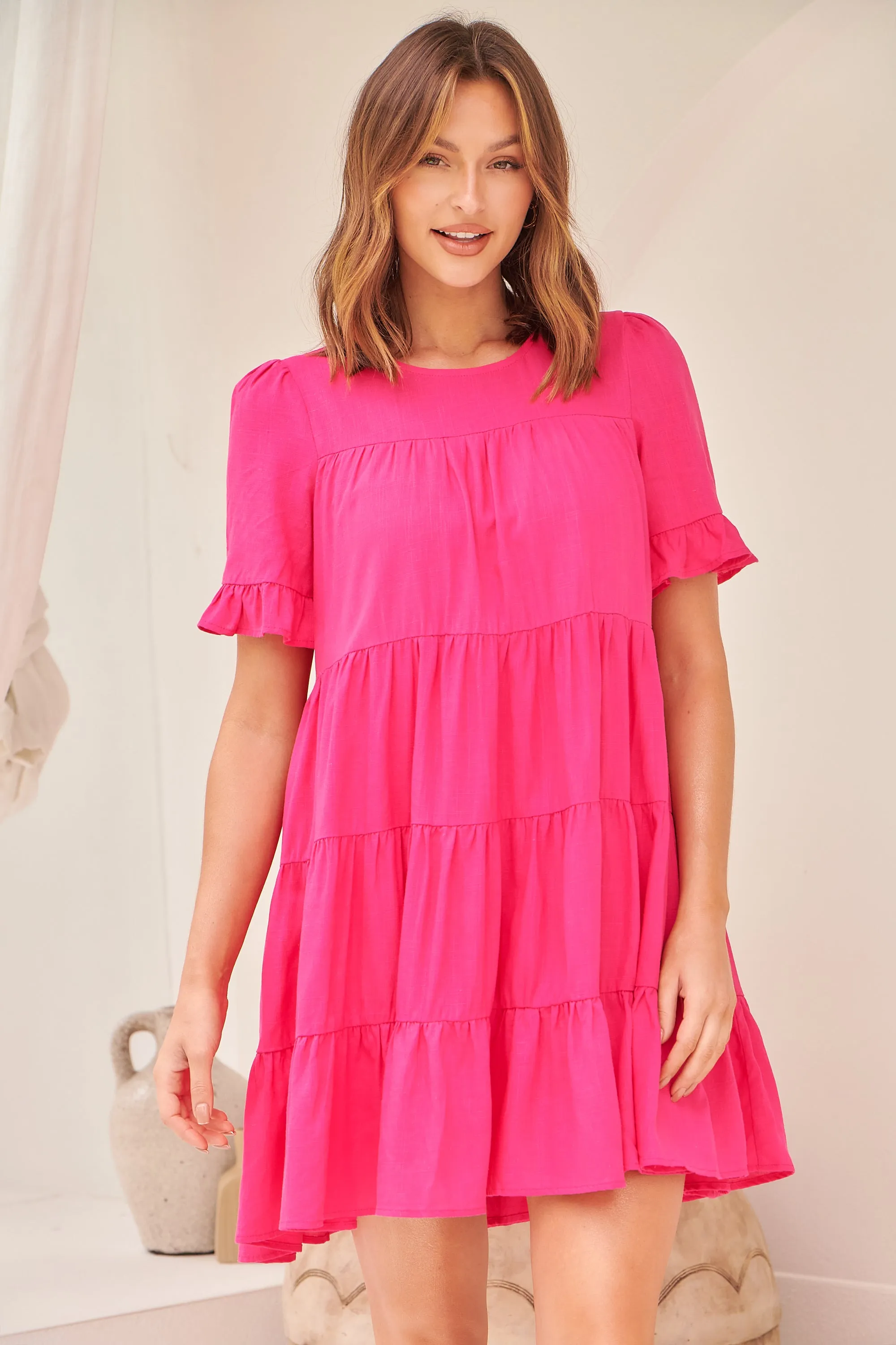 Nia Tiered Hot Pink Linen Smock Dress