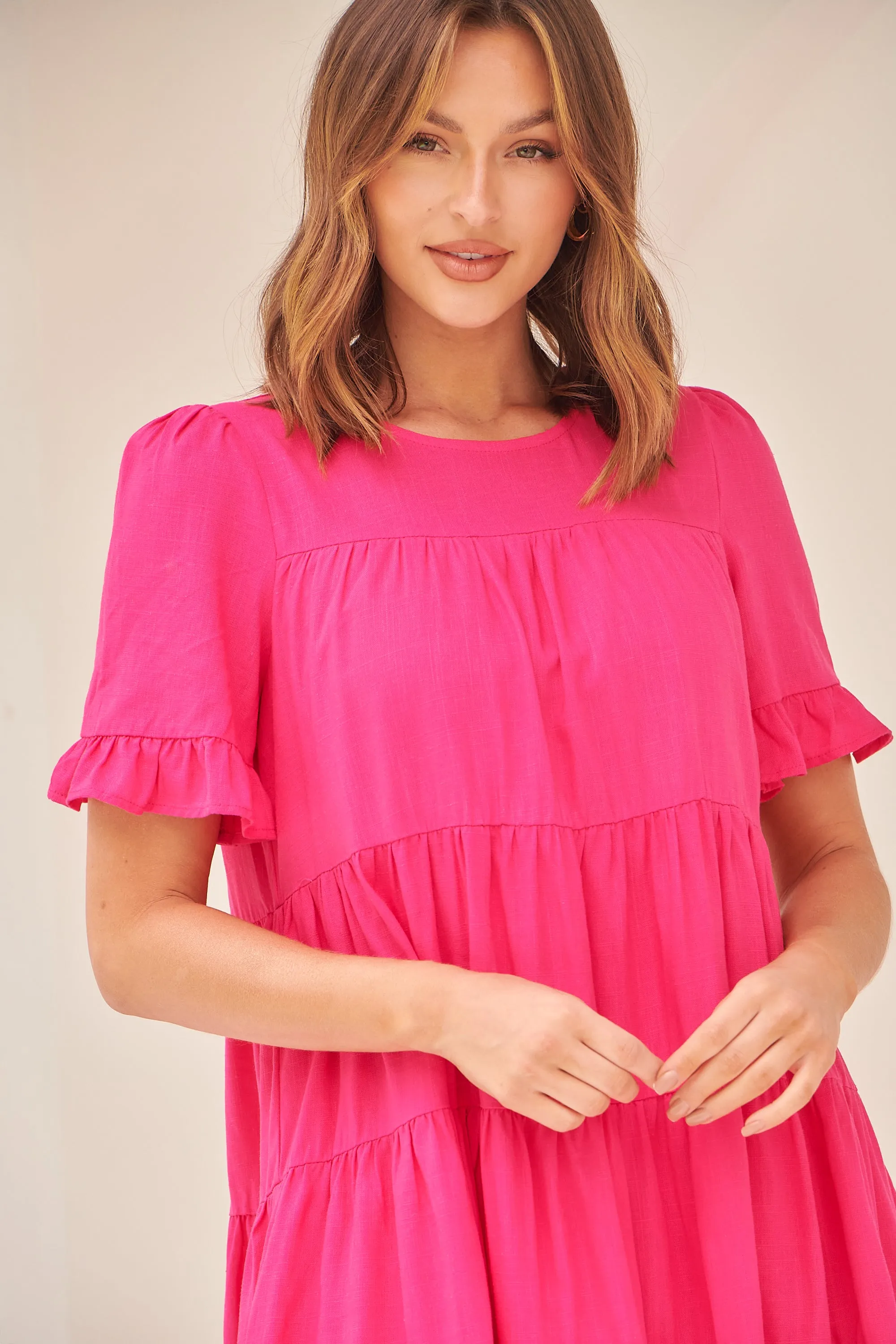 Nia Tiered Hot Pink Linen Smock Dress