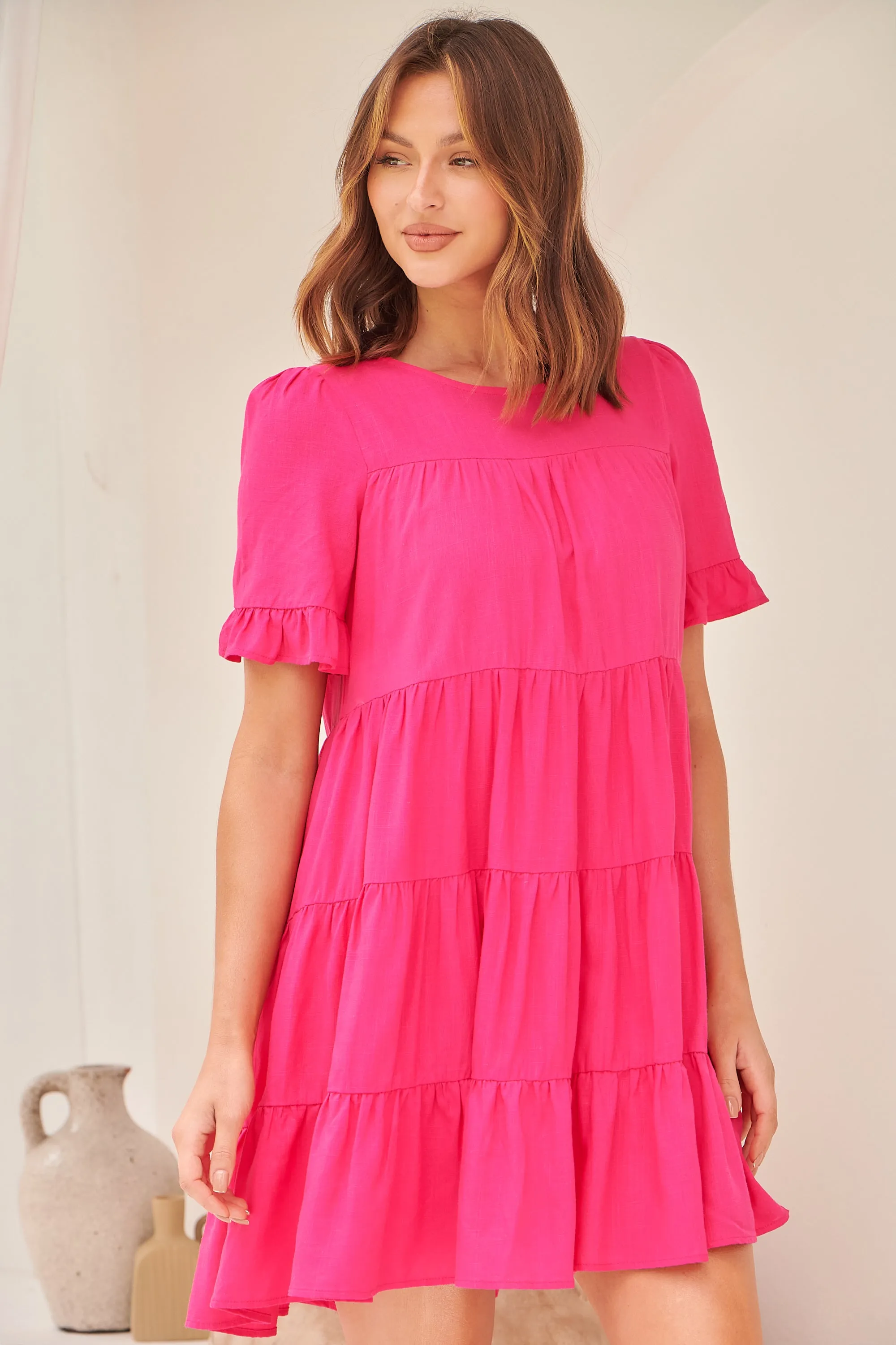 Nia Tiered Hot Pink Linen Smock Dress