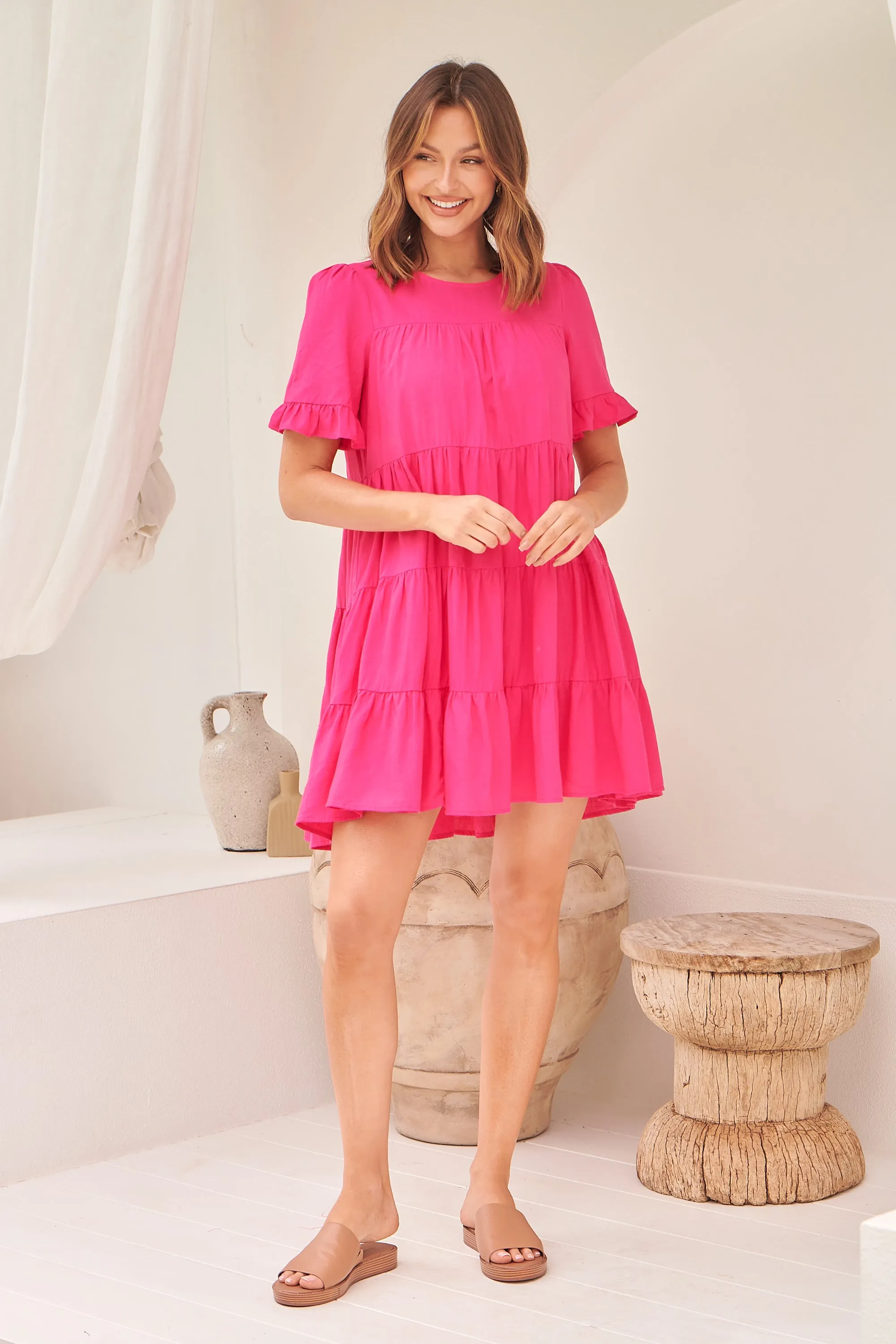 Nia Tiered Hot Pink Linen Smock Dress