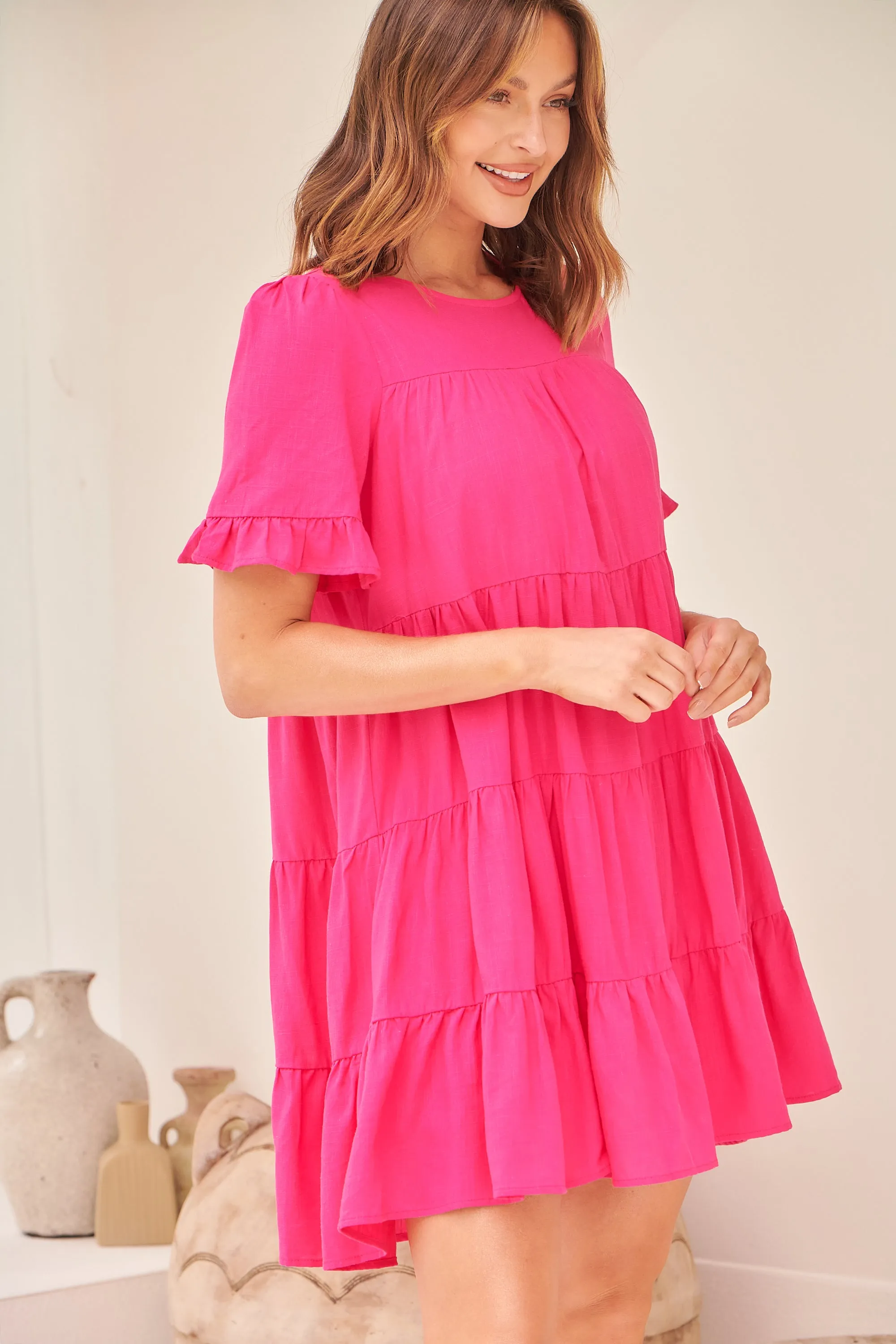 Nia Tiered Hot Pink Linen Smock Dress