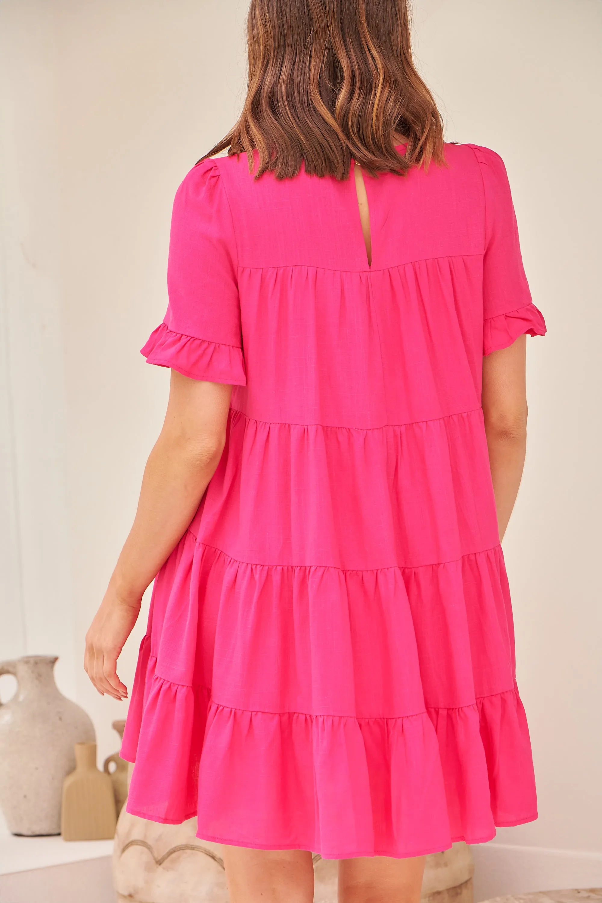 Nia Tiered Hot Pink Linen Smock Dress