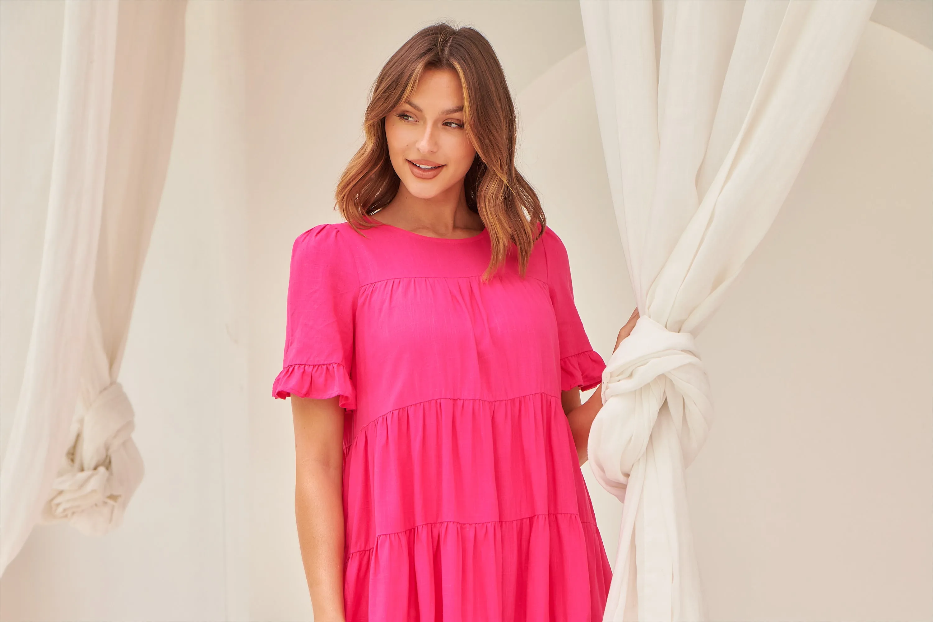 Nia Tiered Hot Pink Linen Smock Dress