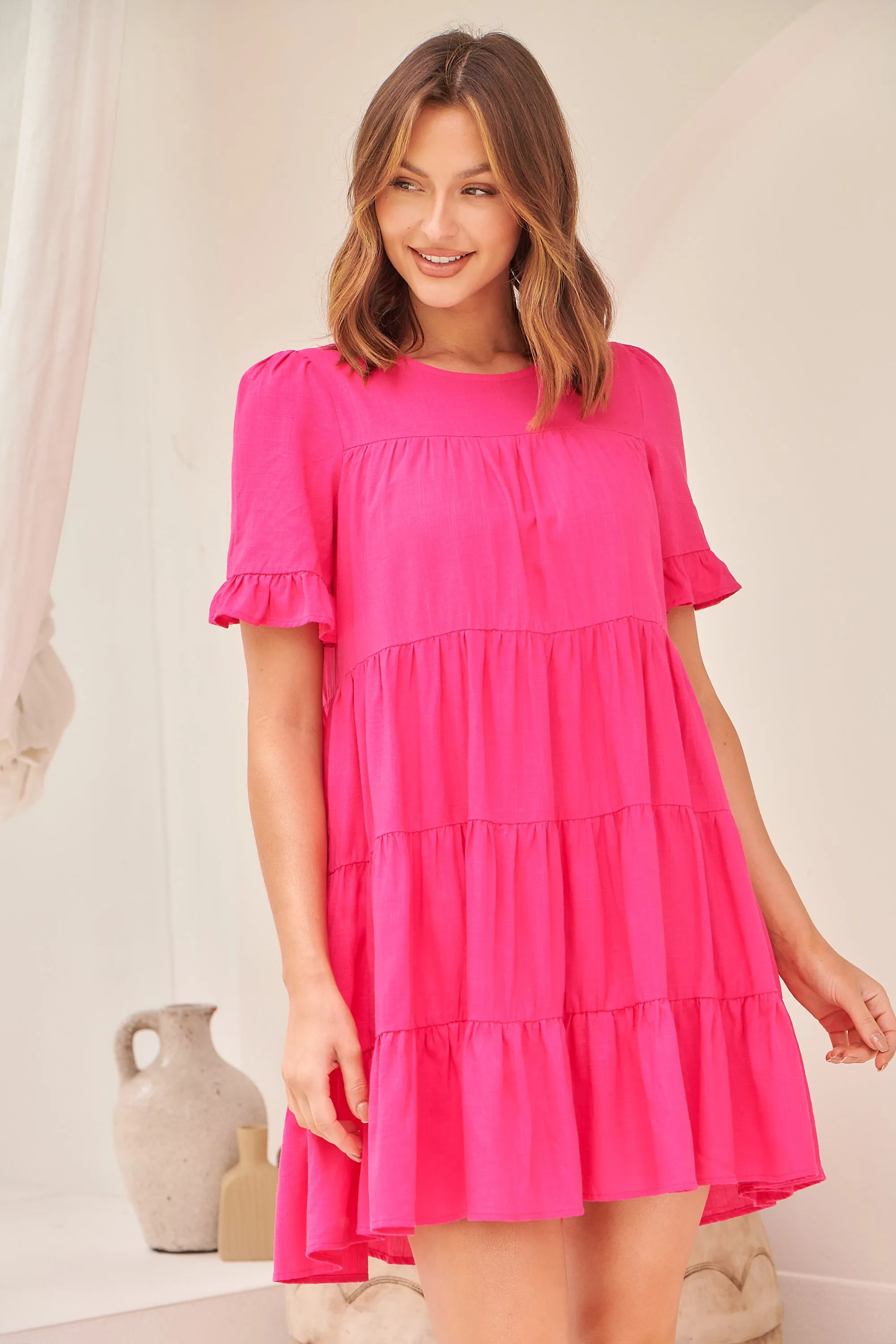 Nia Tiered Hot Pink Linen Smock Dress