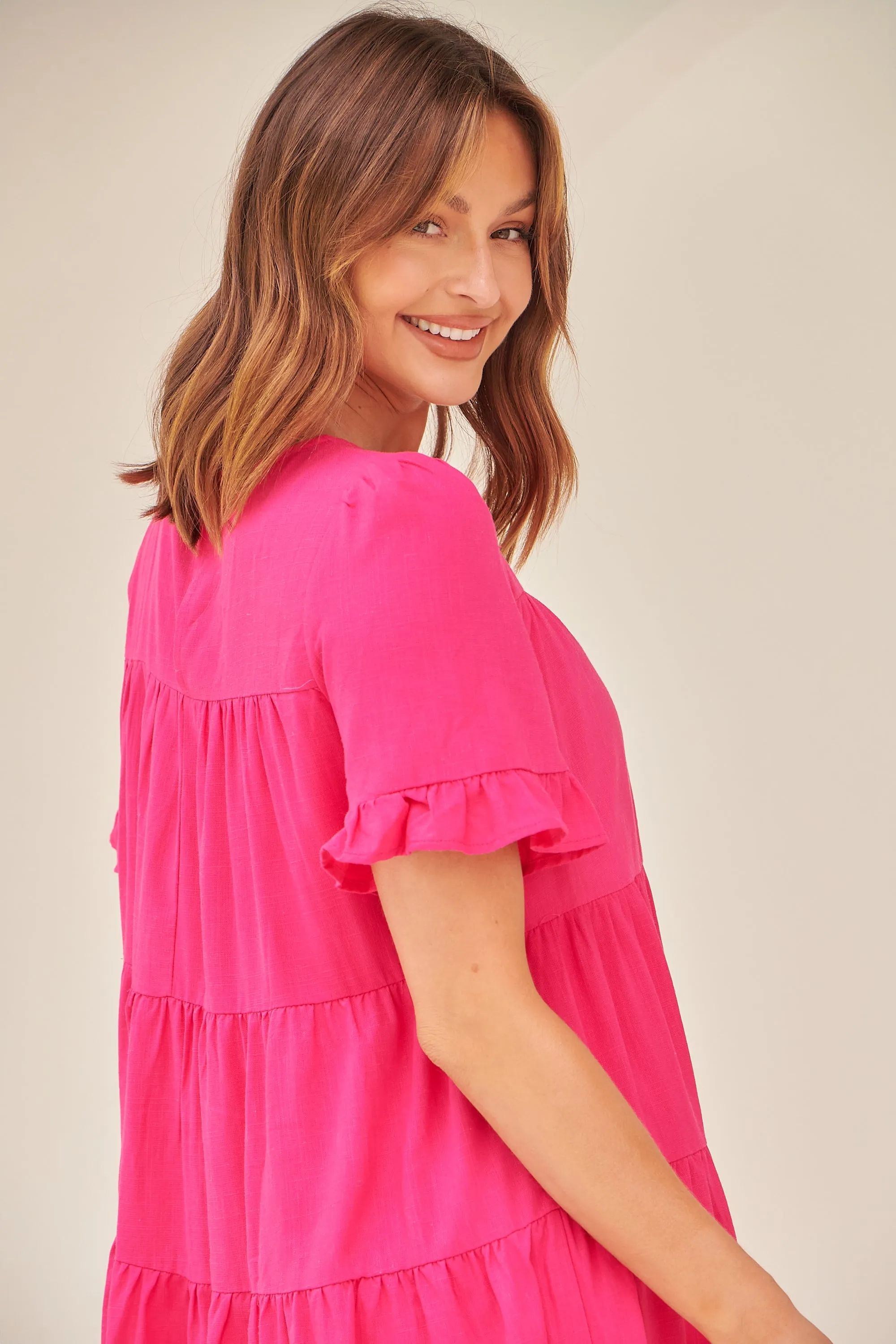 Nia Tiered Hot Pink Linen Smock Dress