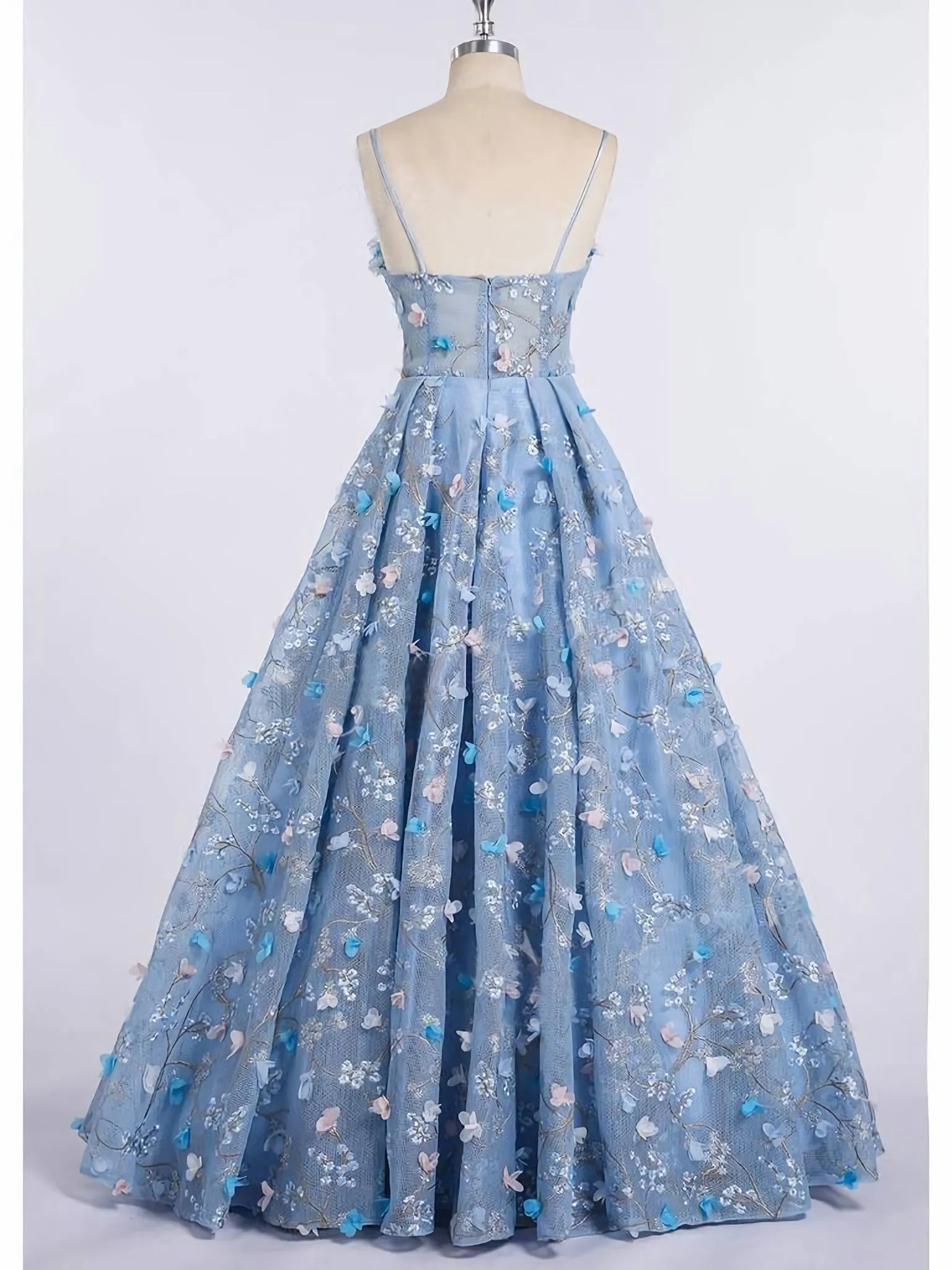Princess Spaghetti Strap 3D Flower Applique Sky Blue Prom Dresses