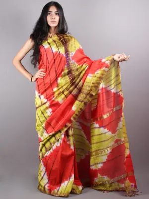 Red Mint Green Red Marvel Hand Shibori Dyed in Natural Colors Chanderi Saree with Geecha Border - S03170140