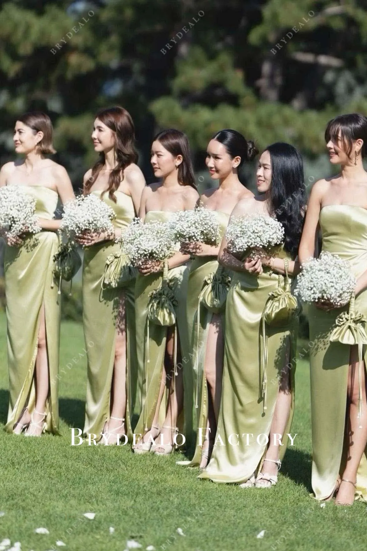 Sage Charmeuse Strapless Floor Length Slit Bridesmaid Dress