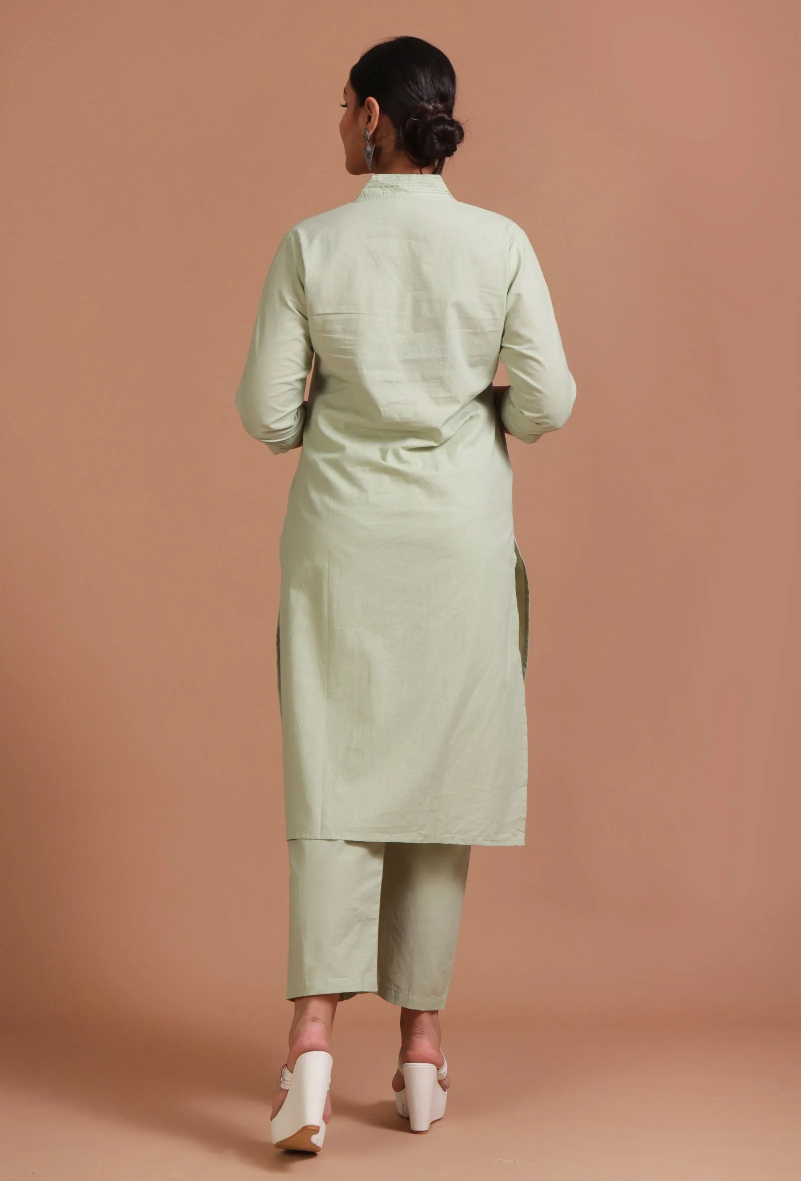 Set Of 2: Mint Green Cotton Plain Kurta & Pant Set