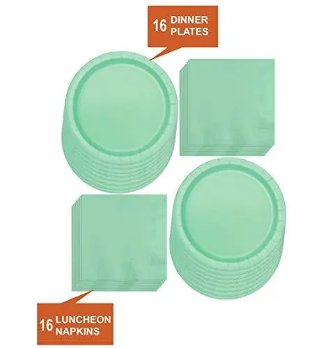 Solid Mint Paper Dinner Plates and Luncheon Napkins, Mint Party Supplies and Table Decorations (Serves 16)