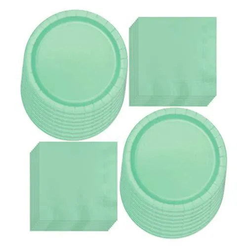 Solid Mint Paper Dinner Plates and Luncheon Napkins, Mint Party Supplies and Table Decorations (Serves 16)