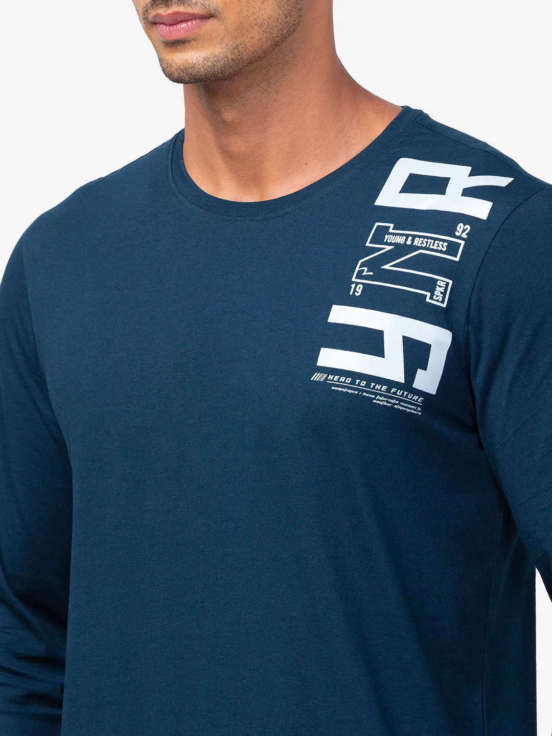 Spykar Men Teal Blue Cotton Slim Fit Round Neck Printed T-Shirt