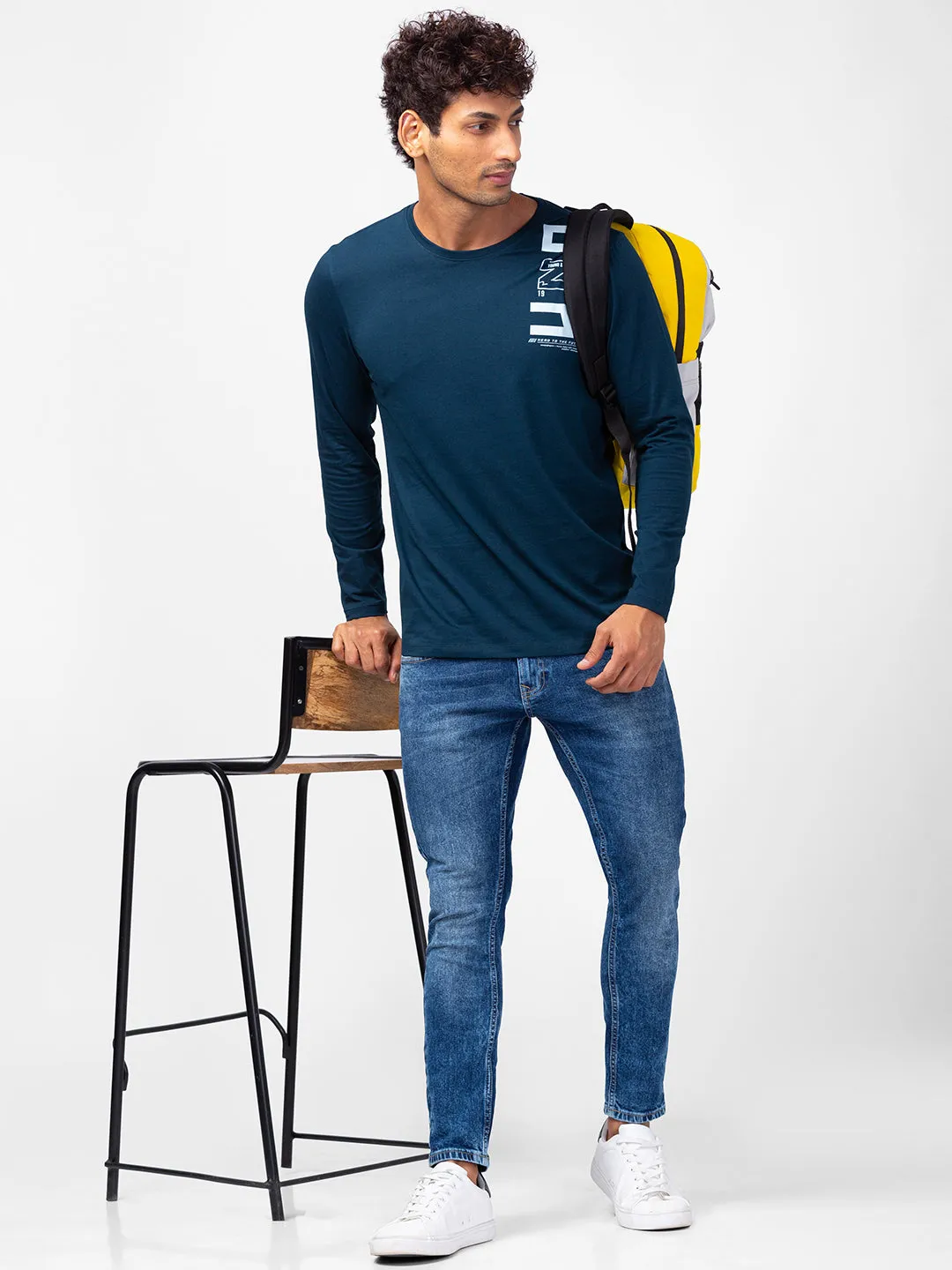 Spykar Men Teal Blue Cotton Slim Fit Round Neck Printed T-Shirt