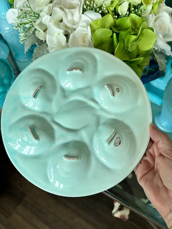 Vintage Oyster Plate Aqua and yellow, Lemon Center