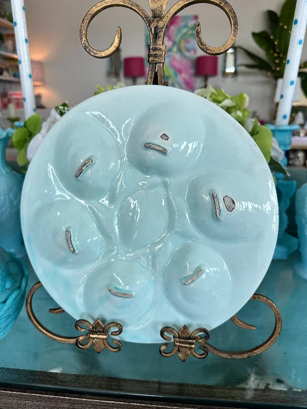 Vintage Oyster Plate Aqua and yellow, Lemon Center