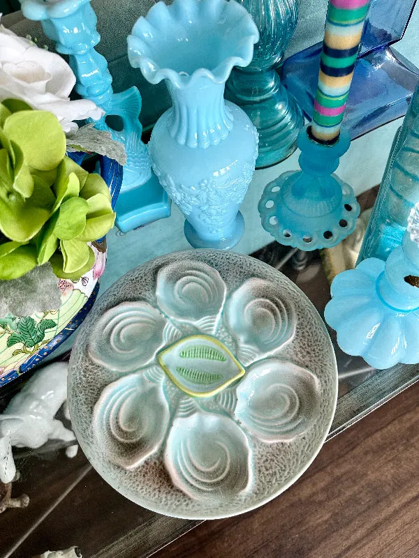 Vintage Oyster Plate Aqua and yellow, Lemon Center