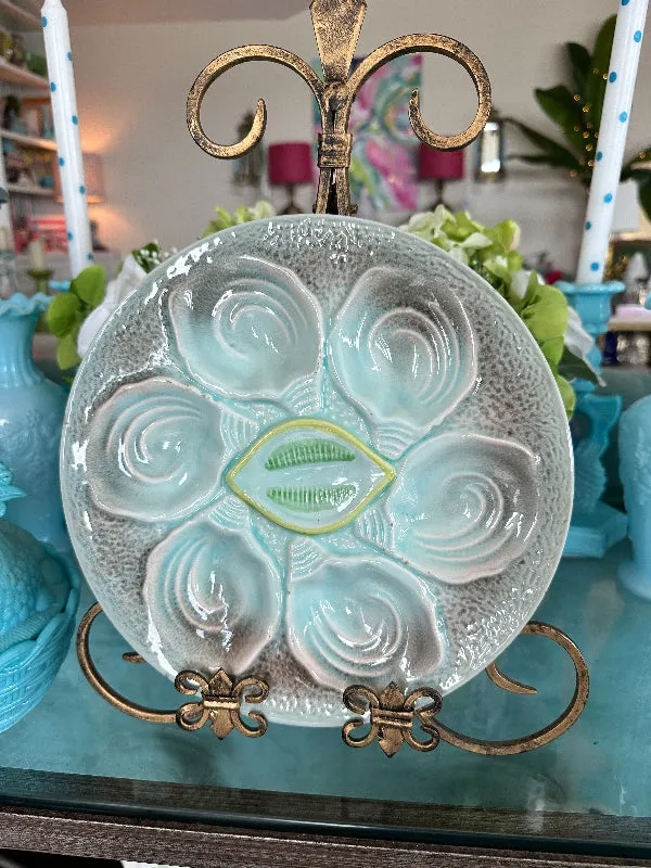 Vintage Oyster Plate Aqua and yellow, Lemon Center